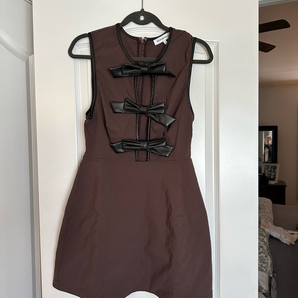 WeWoreWhat Brown Mini Dress with Black Bow Details